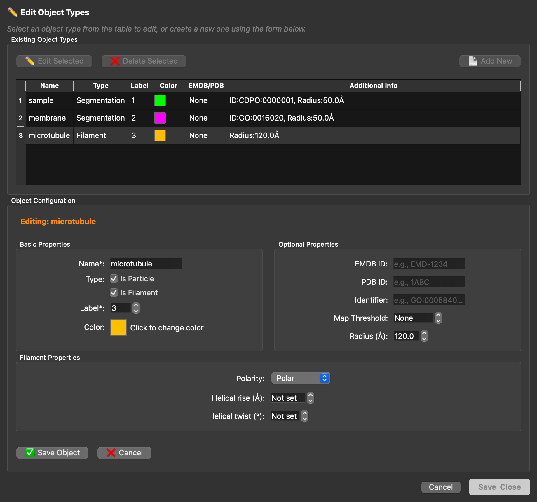 Edit Object Types dialog