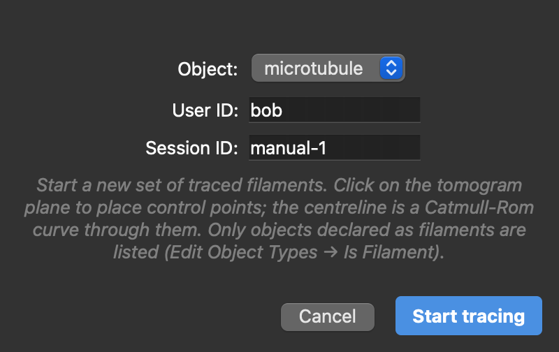 Trace New Filaments dialog