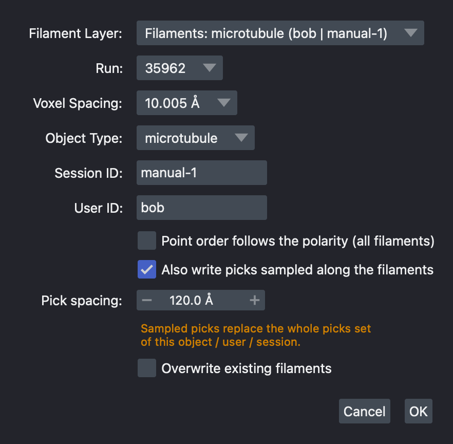 Save Filaments dialog